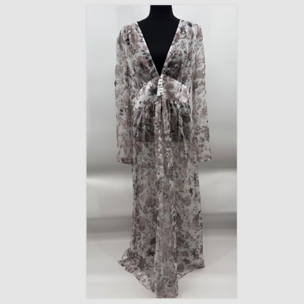 Easel Dress Women Large NEW Gray Floral Sheer Fairy Coquette Maxi Cover Up